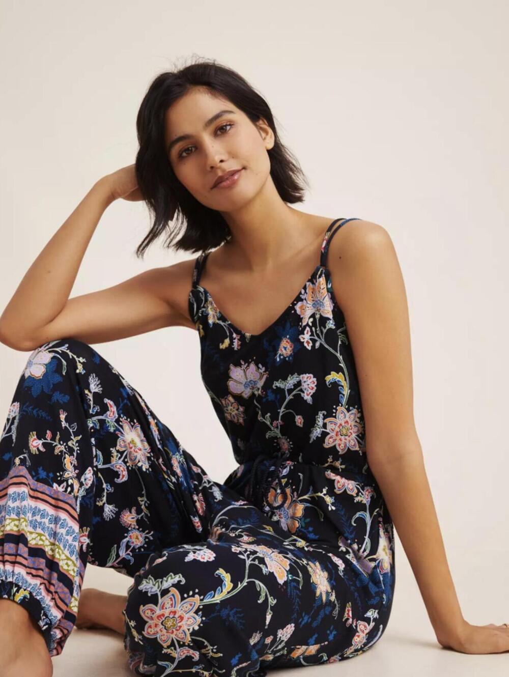 Anthropologie Black Floral Spaghetti-Strap Jumpsuit